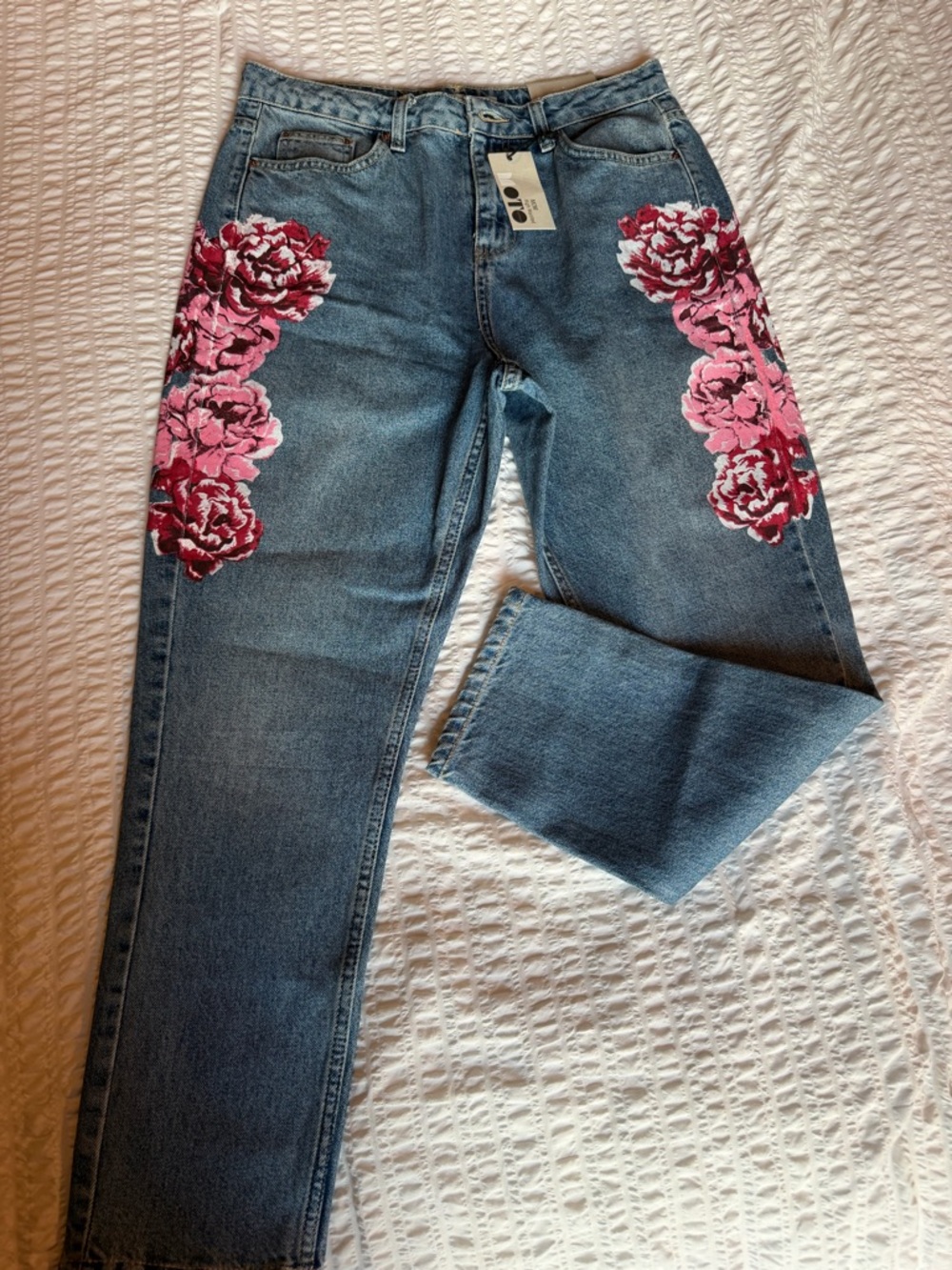 Top Shop Moto Mom High-Rise Blue Jeans with Pink Painted Floral Print NWT Size 8